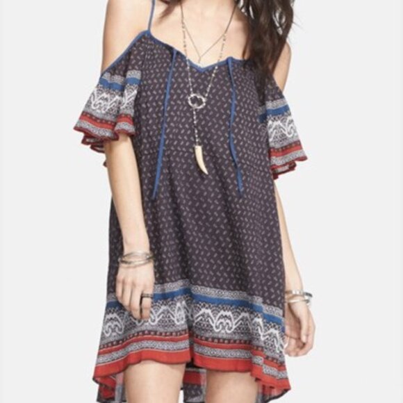 Free People Print Cold Shoulder Boho Hippie Festival Mini Dress S - Picture 3 of 3